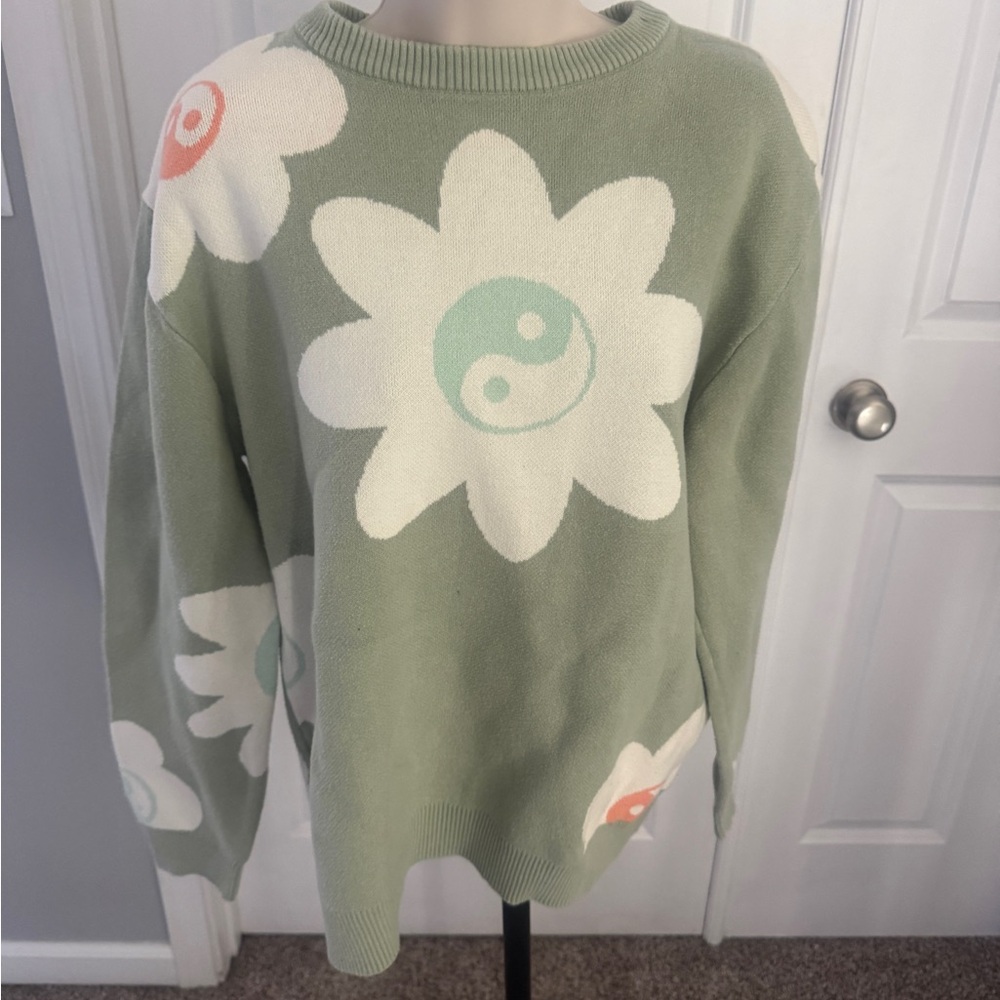 Pac Sun ladies Green flower sweater cotton pullover large